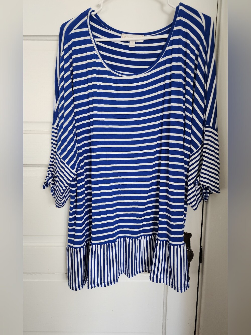 Suzanne Betro Blue and White Striped Tunic with Ruffle Hem